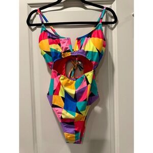 No Boundaries Square Dance Geometric Cutout One Piece Swimsuit Multicolor M 8-10